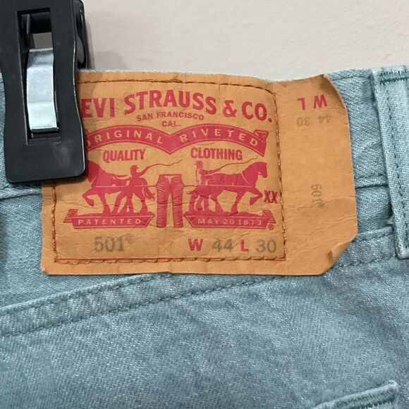 Levi’s 501 STF Denim Jeans Sz 44 x 30 WHITE OAK Cone Light Green Shrink to Fit - Picture 2 of 7